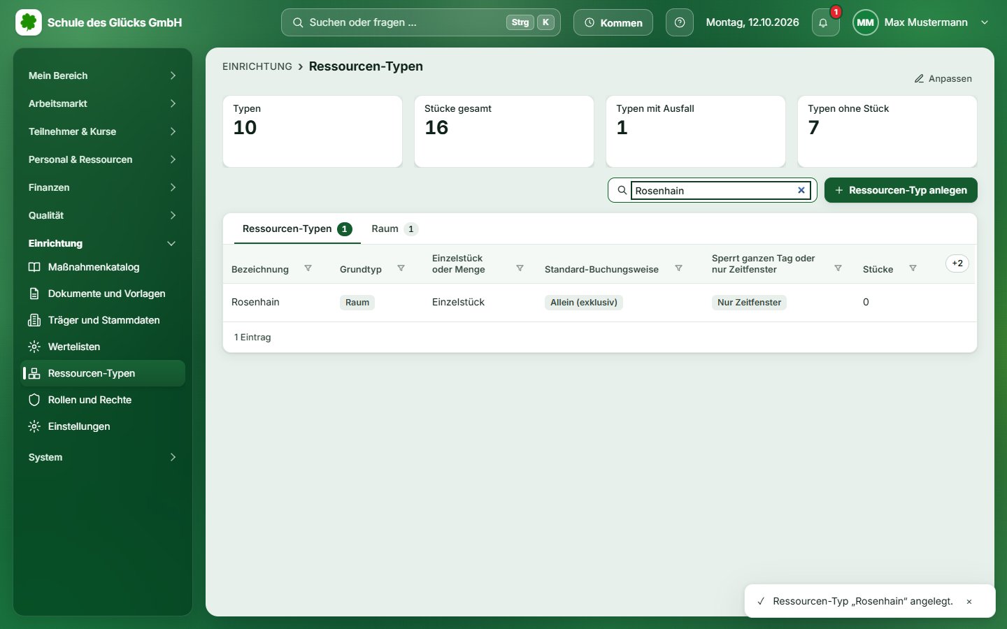 ressourcen typen datensatz in der liste